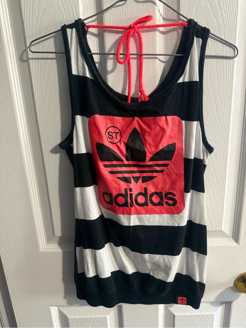 adidas Black & White Striped Tank with Coral Logo Tie